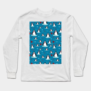 it's cold outside penguins seamless pattern blue Long Sleeve T-Shirt